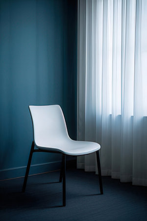 White chair in the interior of a room with a blue curtain.の素材