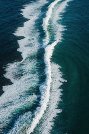 Ocean wave with white foam on the surface of the sea. View from above.の素材