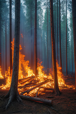 Forest fire in the pine forest, natural disaster, danger concept.の素材
