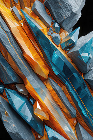 Colorful crystals of various shapes and sizes on a black background.の素材