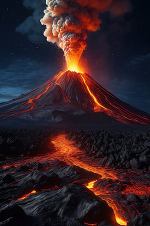 Volcano eruption at night. 3d illustration. Natural background.の素材