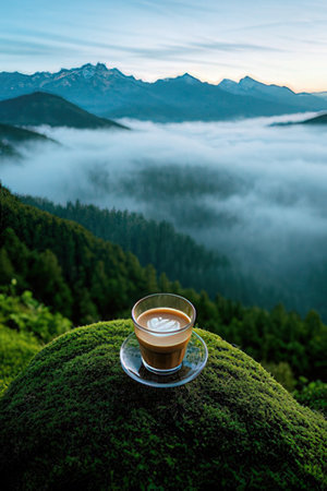 Cup of coffee on the top of a mountain in the morningの素材