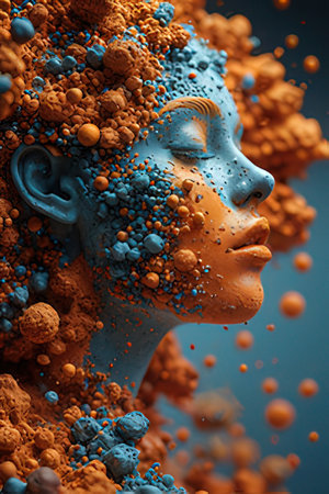 3d rendering of a female face surrounded by orange and blue stonesの素材