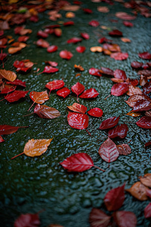 Fallen leaves on the ground in the rainy season. Selective focus.の素材