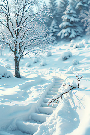 Snowy stairs in a winter forest. Winter landscape with snow covered treesの素材
