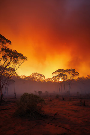 Sunset over gum trees in the Australian bush, Victoriaの素材