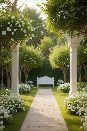 Wedding archway in the garden with white flowers and green grassの素材