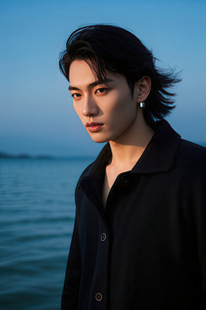Portrait of a handsome young man with black hair on the beach.のeditorial素材