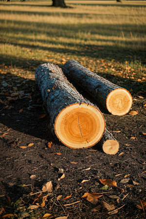 Pile of sawn tree trunks on the ground in autumnの素材