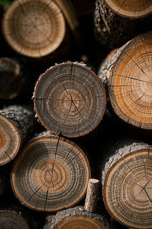 Close up of stacked firewood in the forest. Nature background.の素材