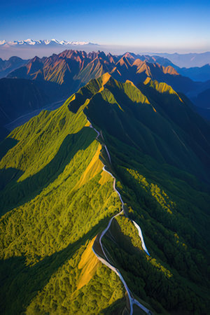 Aerial view of mountains at sunset, Sichuan Province, China.の素材