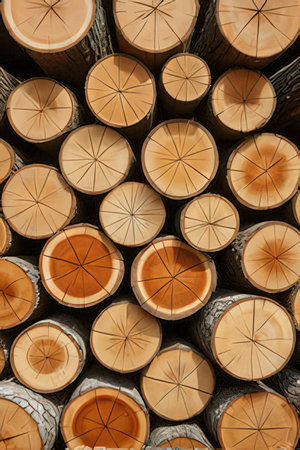 Pile of wooden logs for background, close-up view.の素材