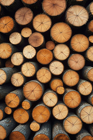 Pile of wooden logs in a warehouse, closeup of photoの素材