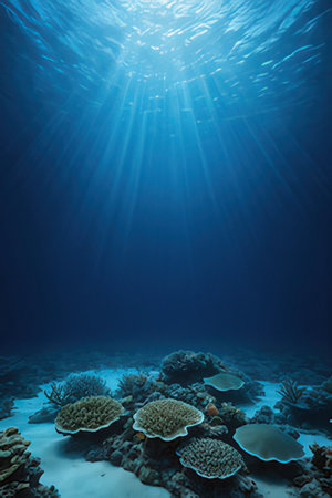 Coral reef with hard corals and rays of light in blue waterの素材