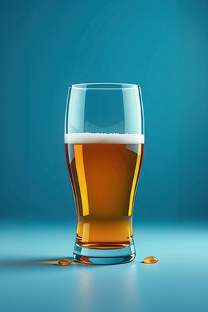 Glass of beer with golden coins on blue background. 3d illustrationの素材