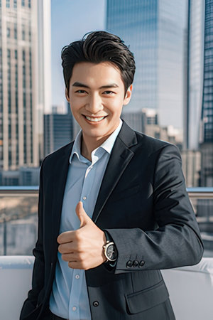 smiling young asian businessman showing thumbs up and looking at cameraのeditorial素材