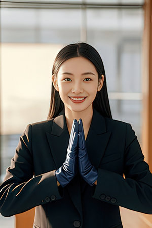 Portrait of a smiling young businesswoman with folded hands in prayerのeditorial素材