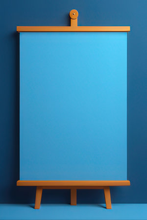 3d render of a blank board on a blue wall with a shelfの素材