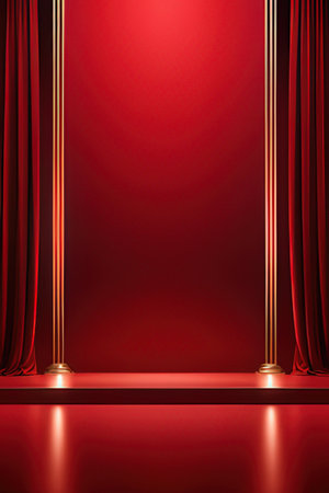 Red velvet curtain with red spotlights. Scene for awards ceremony, winner podium. Vector illustrationの素材