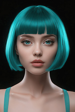 Portrait of a beautiful girl with turquoise hair on a black backgroundの素材