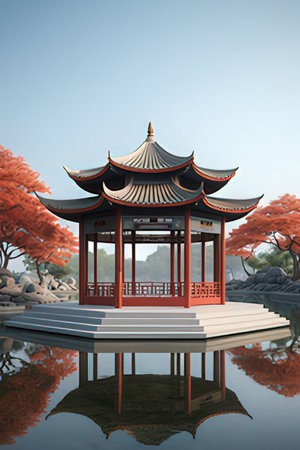 3d render of chinese pavilion in the park with lakeの素材
