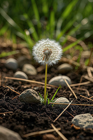 Dandelion flower in the garden on a background of green grassの素材