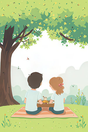 boy and girl sitting on the grass in the park, vector illustrationの素材