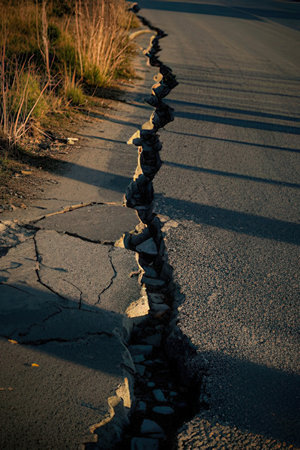 Broken asphalt road in the countryside, closeup of photo.の素材