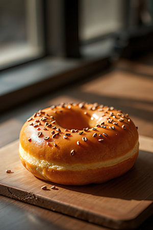 Bagel with sesame seeds on a wooden board near the windowの素材