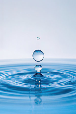 Water drop falling into the water with ripples and ripples, blue backgroundの素材