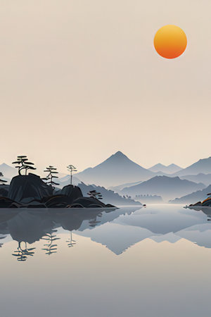 Illustration of a sunset over a lake with mountains in the backgroundの素材
