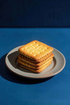 Stack of crackers on a plate on a dark blue background.の素材