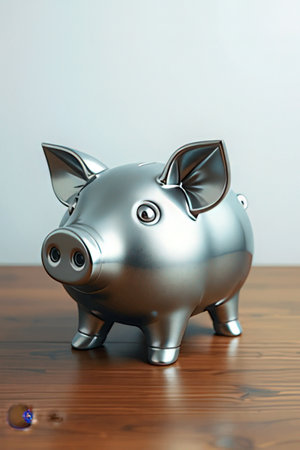 Piggy bank on wooden table, close-up. Business conceptの素材