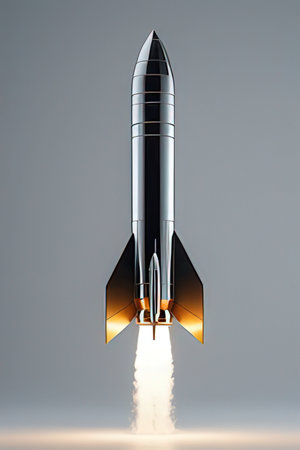Rocket on a gray background. 3d render. Space exploration concept.の素材