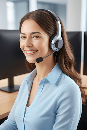 Call center. Smiling customer support phone operator in headset at work.のeditorial素材