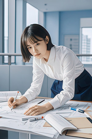 Young asian businesswoman working with blueprints in modern office.の素材