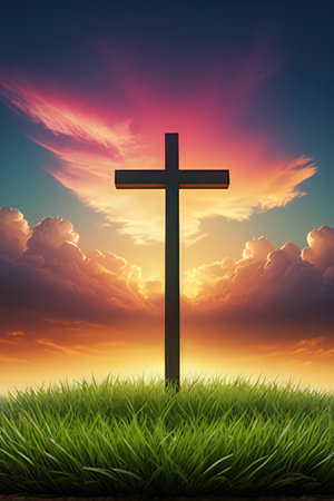 Cross on green grass over sunset sky background. 3D illustration.の素材