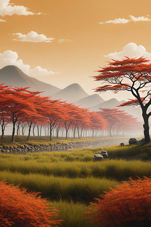Autumn landscape with red trees in the grassland. 3d renderの素材