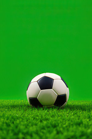 Soccer ball on green grass and green background with copy space.の素材