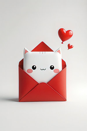 Red paper envelope with a white cat in the form of a heartの素材