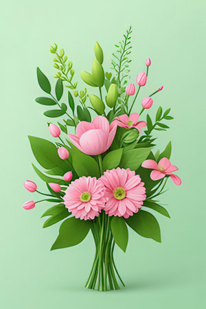 Bouquet of pink flowers on a green background. Vector illustration.の素材