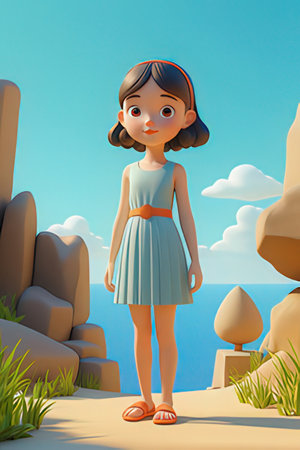 3d illustration of a cute little girl standing on the cliff and looking at the seaの素材