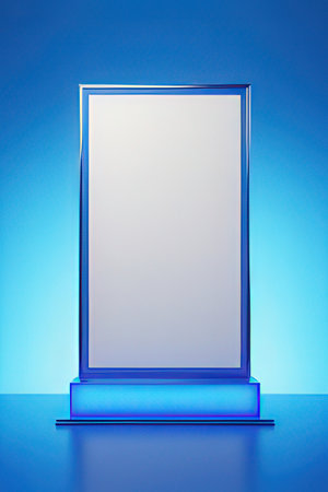 Blank exhibition stand on blue background. 3D rendering. Mock up.の素材