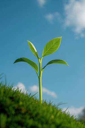 Green plant sprout growing on green grass and blue sky background.の素材