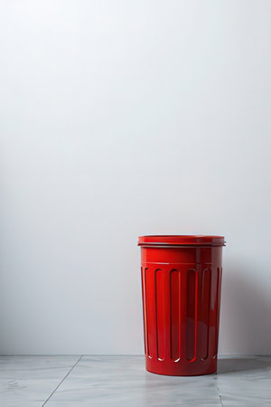 Red trash can on the floor with white wall background. Copy space.の素材