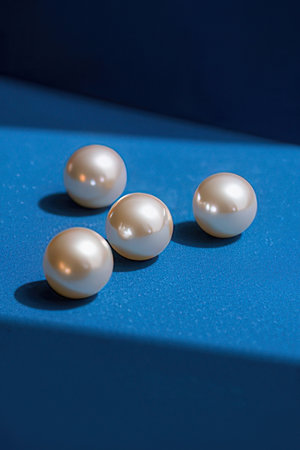 Four white pearls on blue background. Selective focus, shallow depth of field.の素材