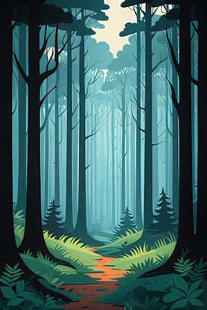 Dark forest with fog and trees. Vector illustration. Eps 10.の素材