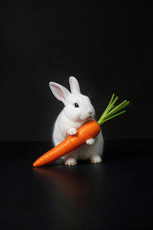White rabbit with carrot on black background. Copy space.の素材