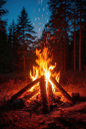 Bonfire in the night forest. Camping in the woods.の素材