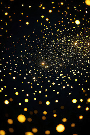 Gold bokeh lights on black background. Festive abstract background.の素材